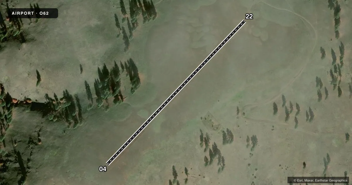 Top-down satellite sketch of O62 B & H USFS in ENTERPRISE, OREGON, showing runways 04/22 drawn to scale over Esri World Imagery