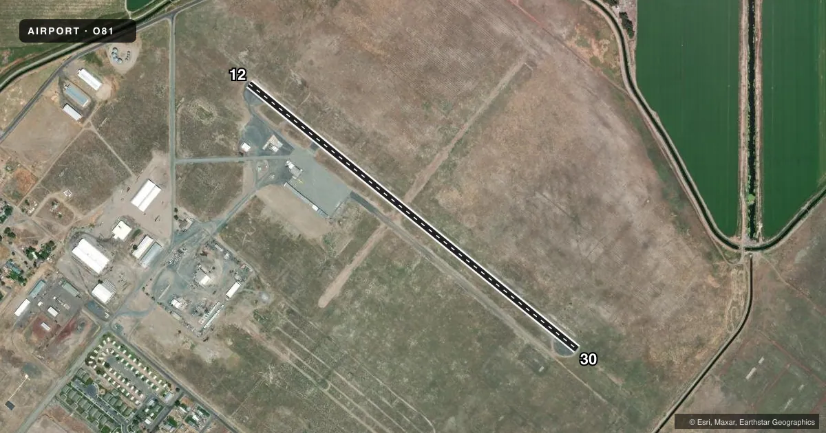 Top-down satellite sketch of O81 TULELAKE MUNI in TULELAKE, CALIFORNIA, showing runways 12/30 drawn to scale over Esri World Imagery