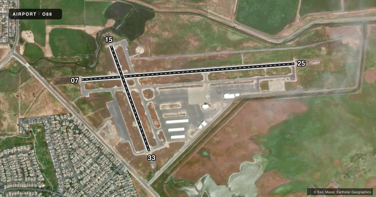 Top-down satellite sketch of O88 RIO VISTA MUNI in RIO VISTA, CALIFORNIA, showing runways 07/25, 15/33 drawn to scale over Esri World Imagery