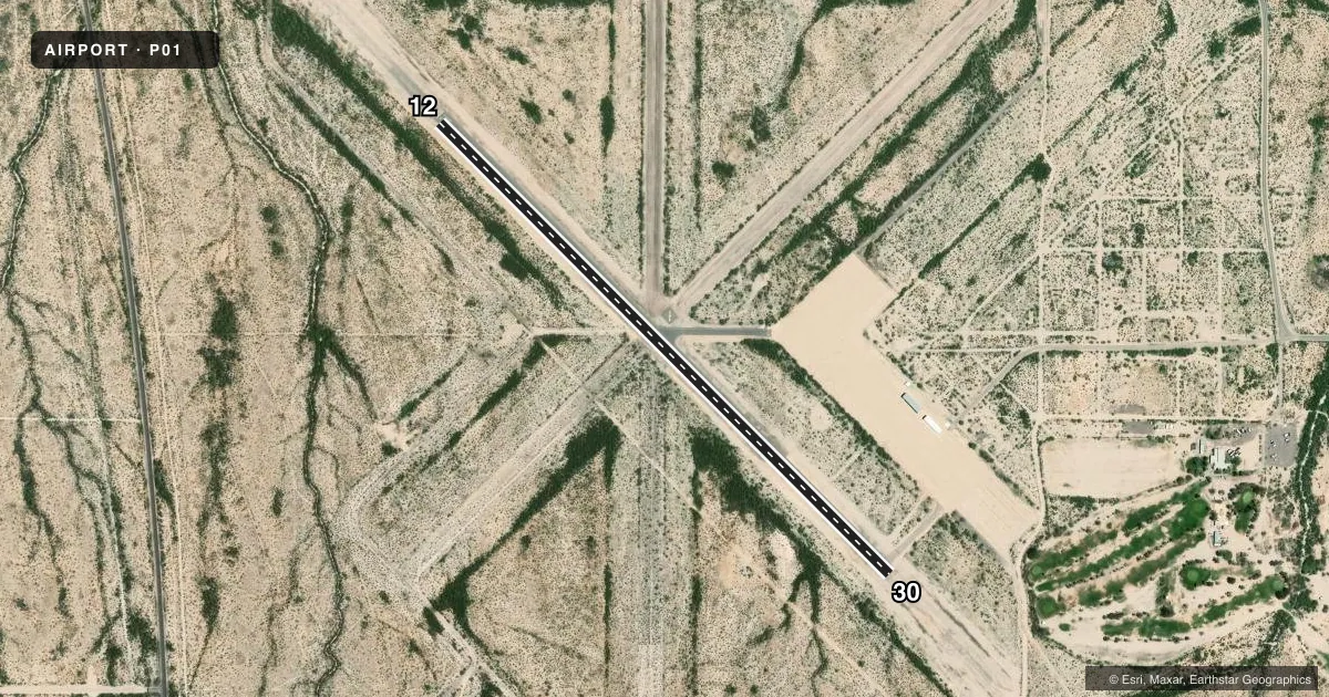 Top-down satellite sketch of P01 ERIC MARCUS MUNI in AJO, ARIZONA, showing runways 12/30 drawn to scale over Esri World Imagery