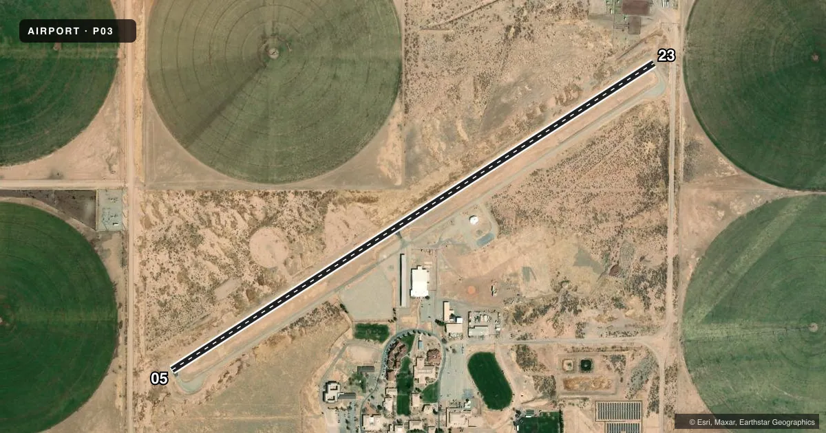 Top-down satellite sketch of P03 COCHISE COLLEGE in DOUGLAS, ARIZONA, showing runways 05/23 drawn to scale over Esri World Imagery