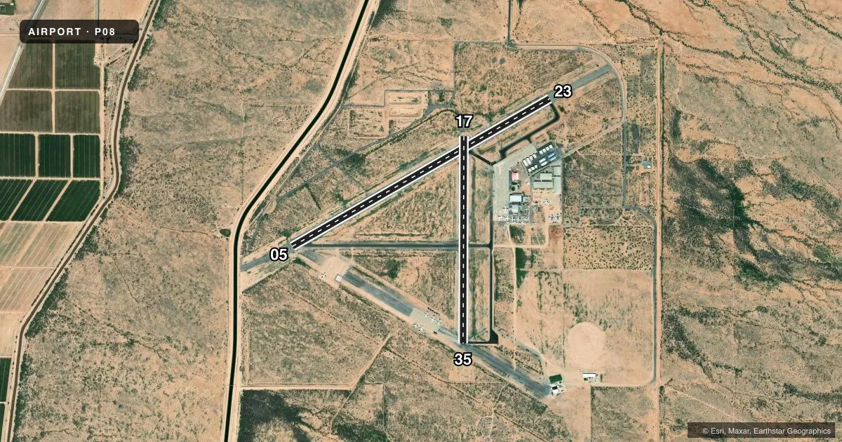 Top-down satellite sketch of P08 COOLIDGE MUNI in COOLIDGE, ARIZONA, showing runways 05/23, 17/35 drawn to scale over Esri World Imagery