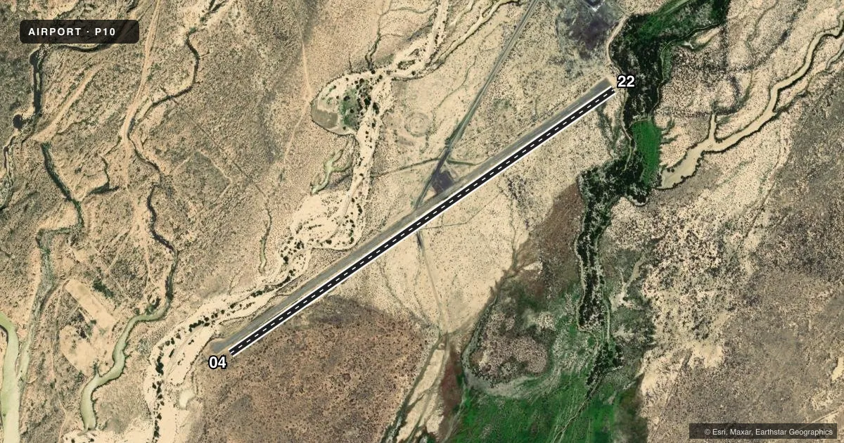 Top-down satellite sketch of P10 POLACCA in POLACCA, ARIZONA, showing runways 04/22 drawn to scale over Esri World Imagery