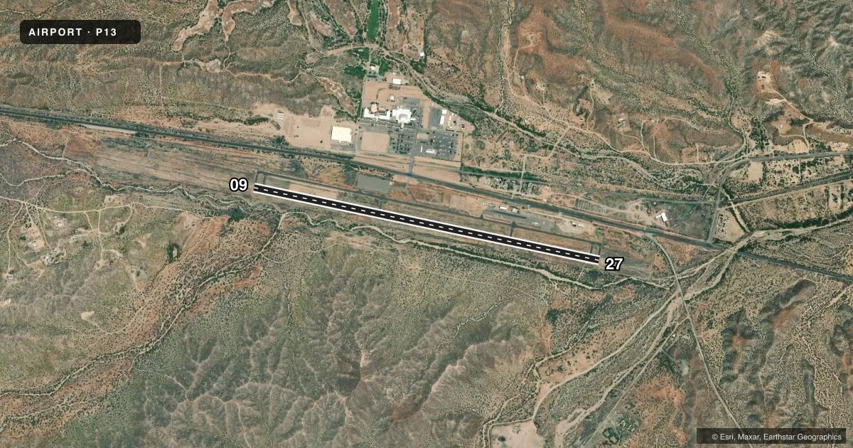 Top-down satellite sketch of P13 SAN CARLOS APACHE in GLOBE, ARIZONA, showing runways 09/27 drawn to scale over Esri World Imagery