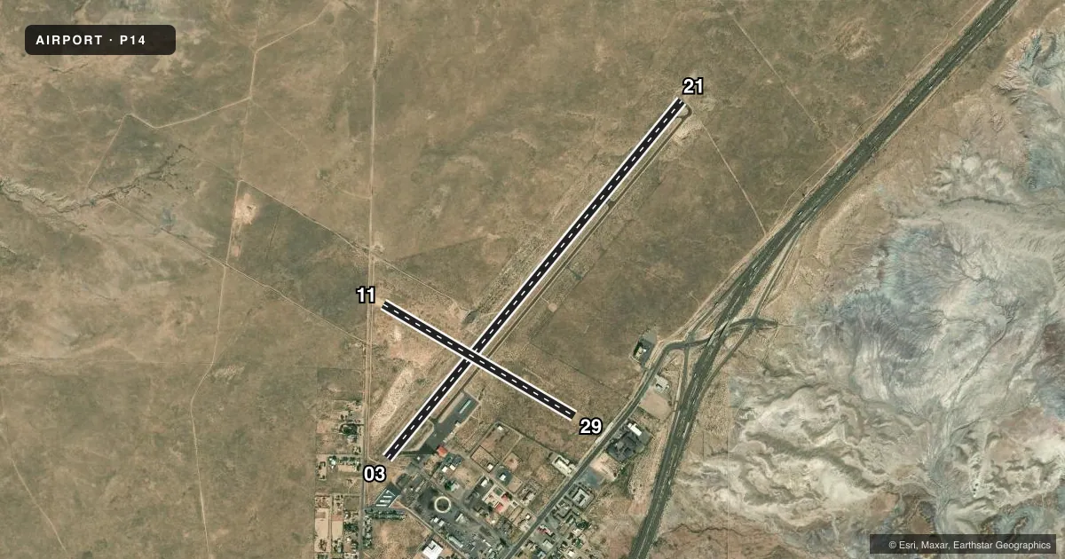 Top-down satellite sketch of P14 HOLBROOK MUNI in HOLBROOK, ARIZONA, showing runways 03/21, 11/29 drawn to scale over Esri World Imagery
