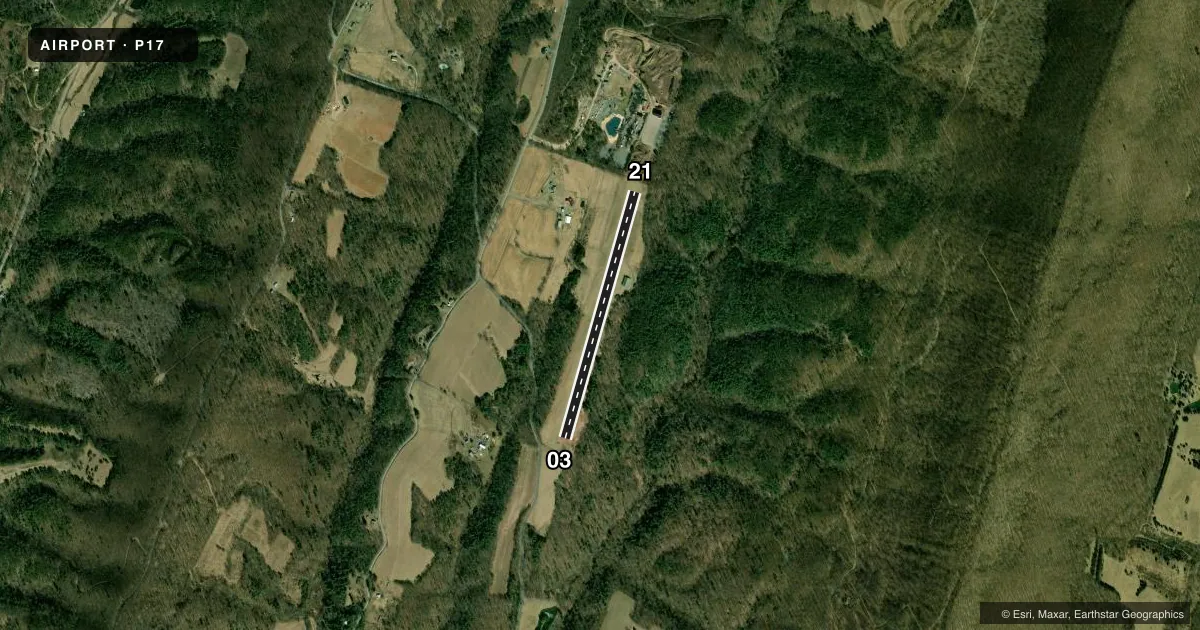 Top-down satellite sketch of P17 GREATER BREEZEWOOD RGNL in BREEZEWOOD, PENNSYLVANIA, showing runways 03/21 drawn to scale over Esri World Imagery