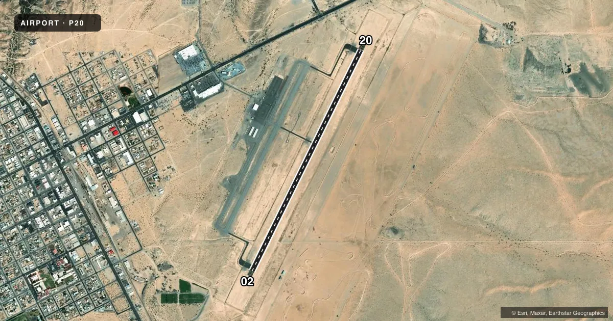 Top-down satellite sketch of P20 AVI SUQUILLA in PARKER, ARIZONA, showing runways 02/20 drawn to scale over Esri World Imagery