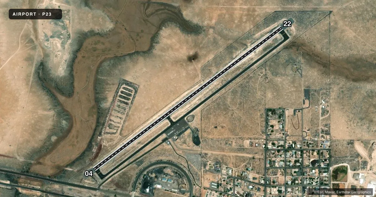Top-down satellite sketch of P23 SELIGMAN in SELIGMAN, ARIZONA, showing runways 04/22 drawn to scale over Esri World Imagery