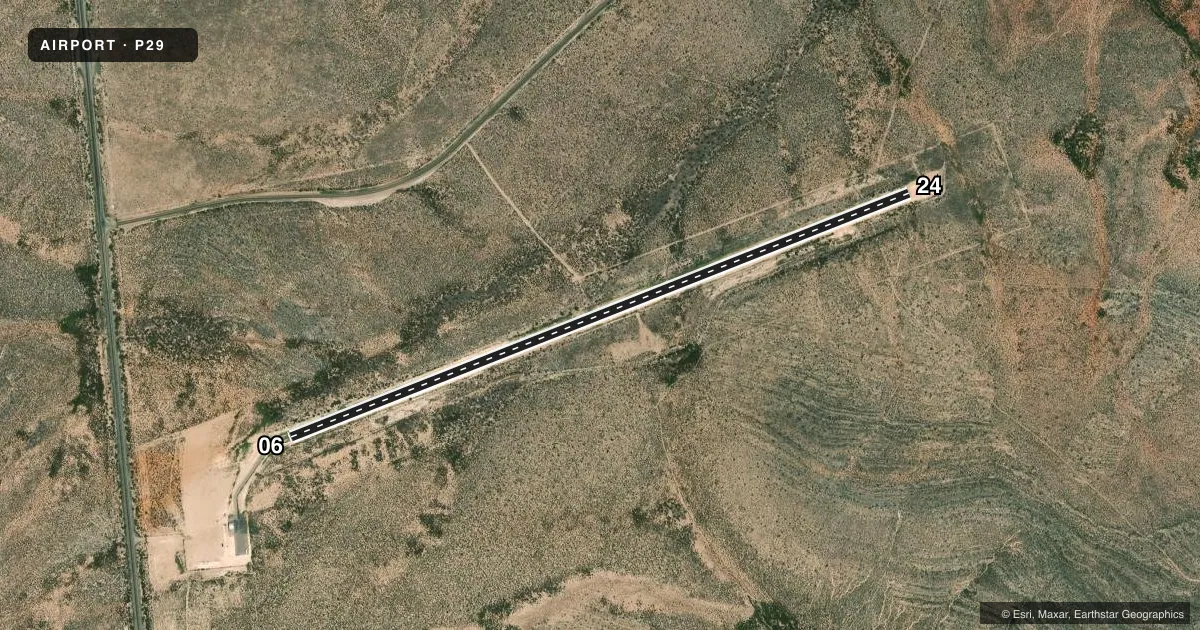 Top-down satellite sketch of P29 TOMBSTONE MUNI in TOMBSTONE, ARIZONA, showing runways 06/24 drawn to scale over Esri World Imagery