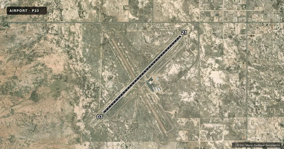 Top-down satellite sketch of P33 COCHISE COUNTY in WILLCOX, ARIZONA, showing runways 03/21 drawn to scale over Esri World Imagery