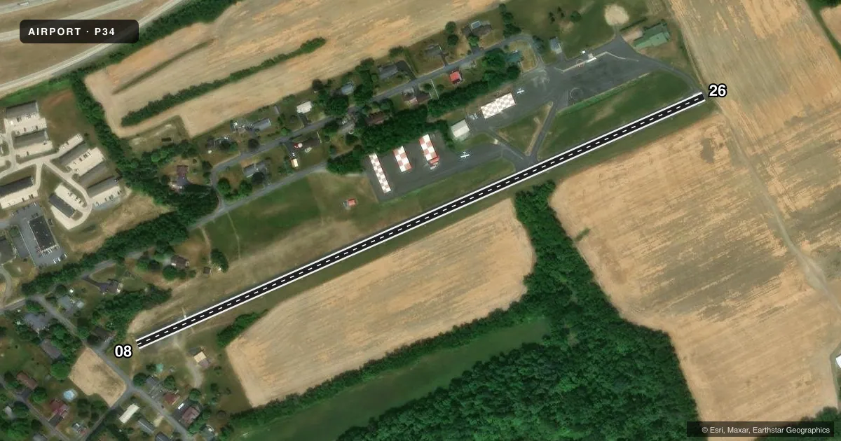 Top-down satellite sketch of P34 MIFFLINTOWN in MIFFLINTOWN, PENNSYLVANIA, showing runways 08/26 drawn to scale over Esri World Imagery