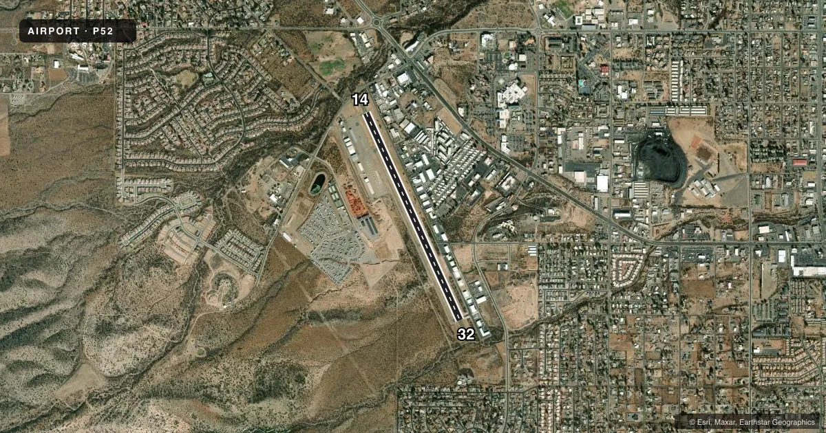 Top-down satellite sketch of P52 COTTONWOOD in COTTONWOOD, ARIZONA, showing runways 14/32 drawn to scale over Esri World Imagery