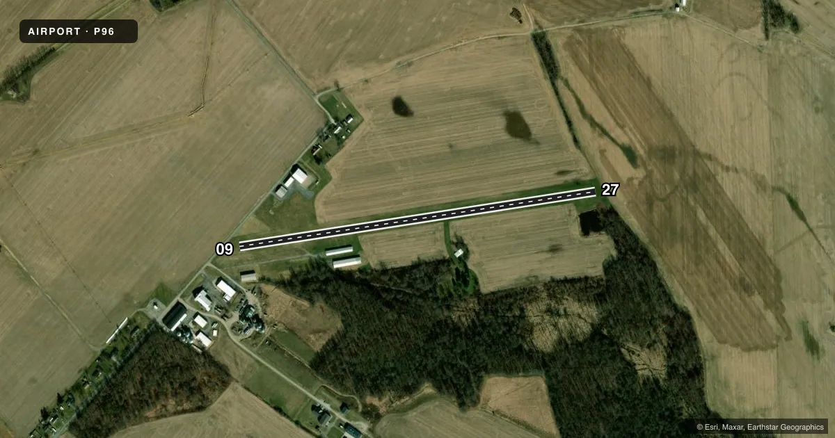 Top-down satellite sketch of P96 JERSEY SHORE in JERSEY SHORE, PENNSYLVANIA, showing runways 09/27 drawn to scale over Esri World Imagery
