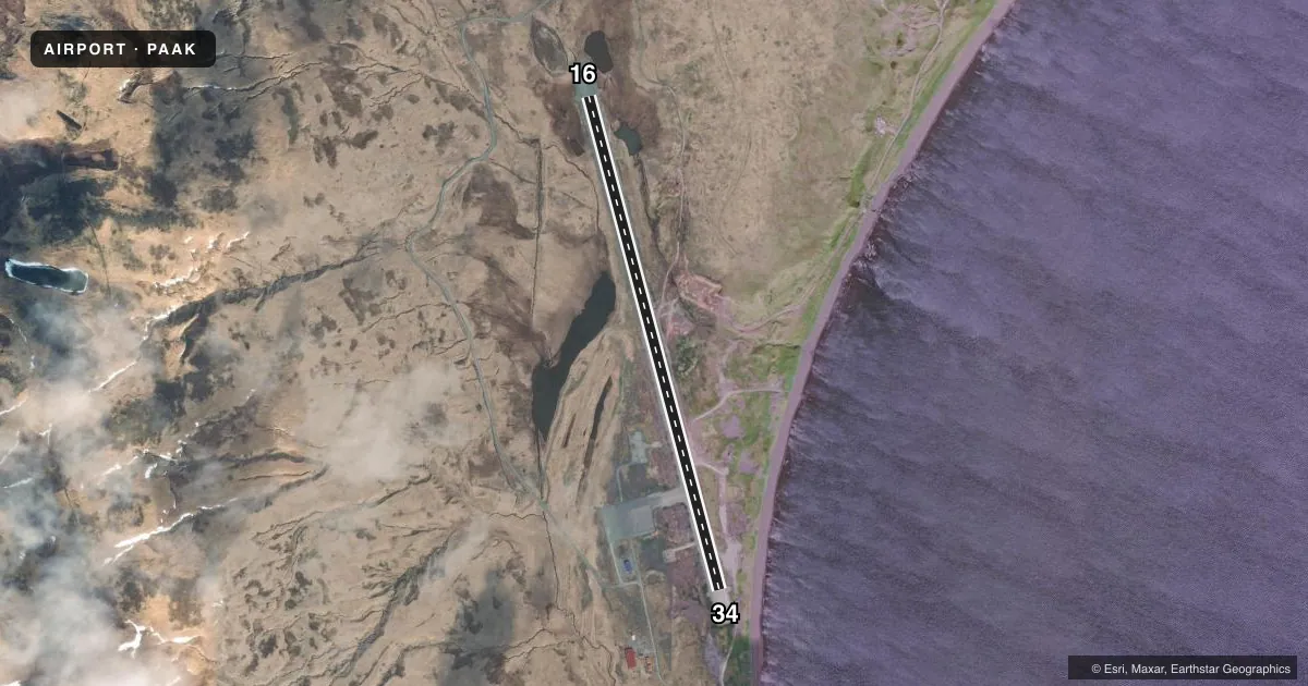 Top-down satellite sketch of PAAK ATKA in ATKA, ALASKA, showing runways 16/34 drawn to scale over Esri World Imagery