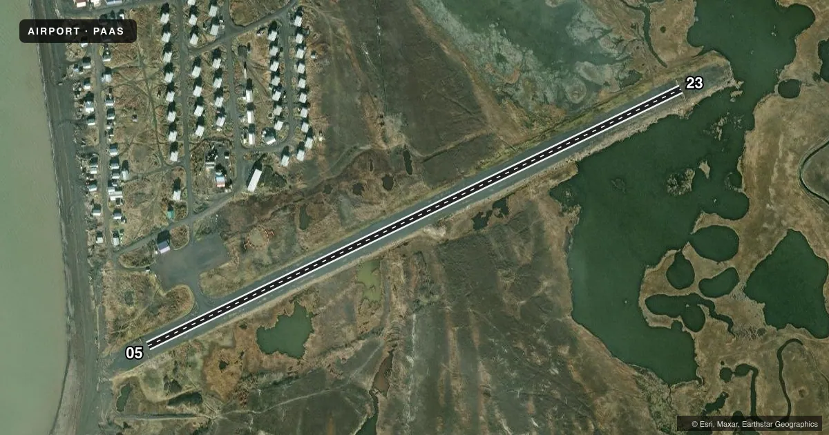 Top-down satellite sketch of PAAS STEBBINS in STEBBINS, ALASKA, showing runways 05/23 drawn to scale over Esri World Imagery