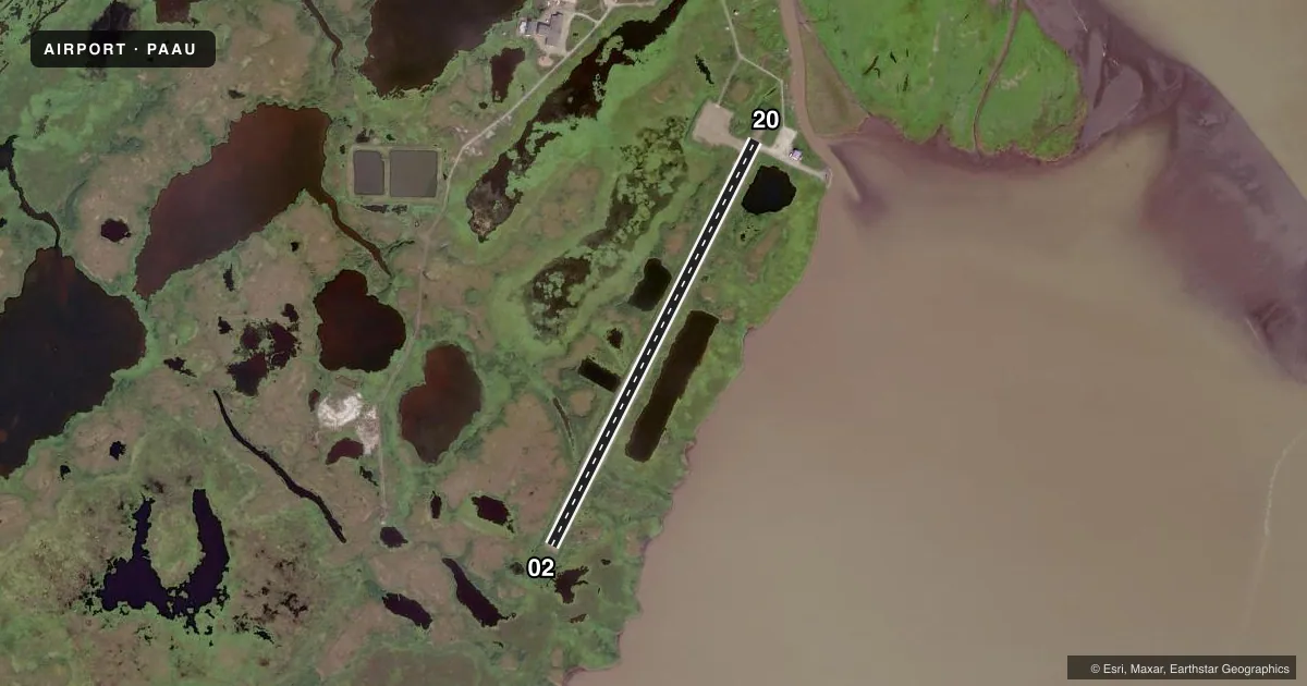 Top-down satellite sketch of PAAU NUNAM IQUA in NUNAM IQUA, ALASKA, showing runways 02/20 drawn to scale over Esri World Imagery