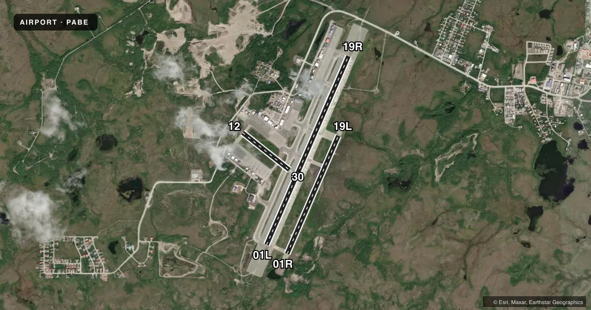 Top-down satellite sketch of PABE BETHEL in BETHEL, ALASKA, showing runways 01L/19R, 01R/19L, 12/30 drawn to scale over Esri World Imagery