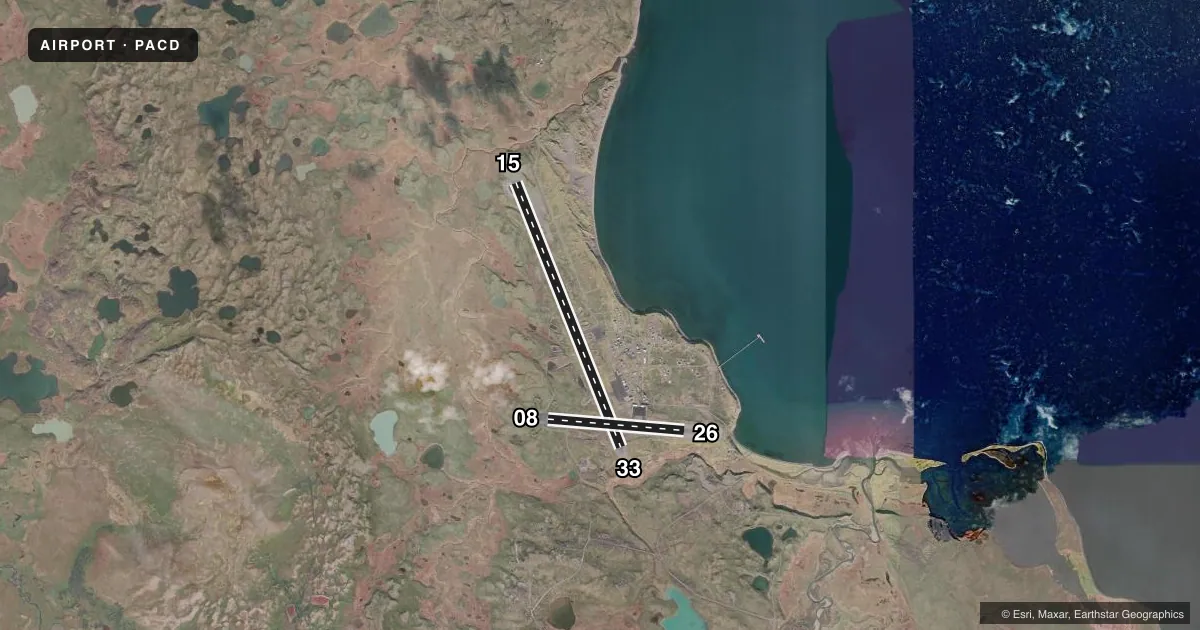 Top-down satellite sketch of PACD COLD BAY in COLD BAY, ALASKA, showing runways 15/33, 08/26 drawn to scale over Esri World Imagery