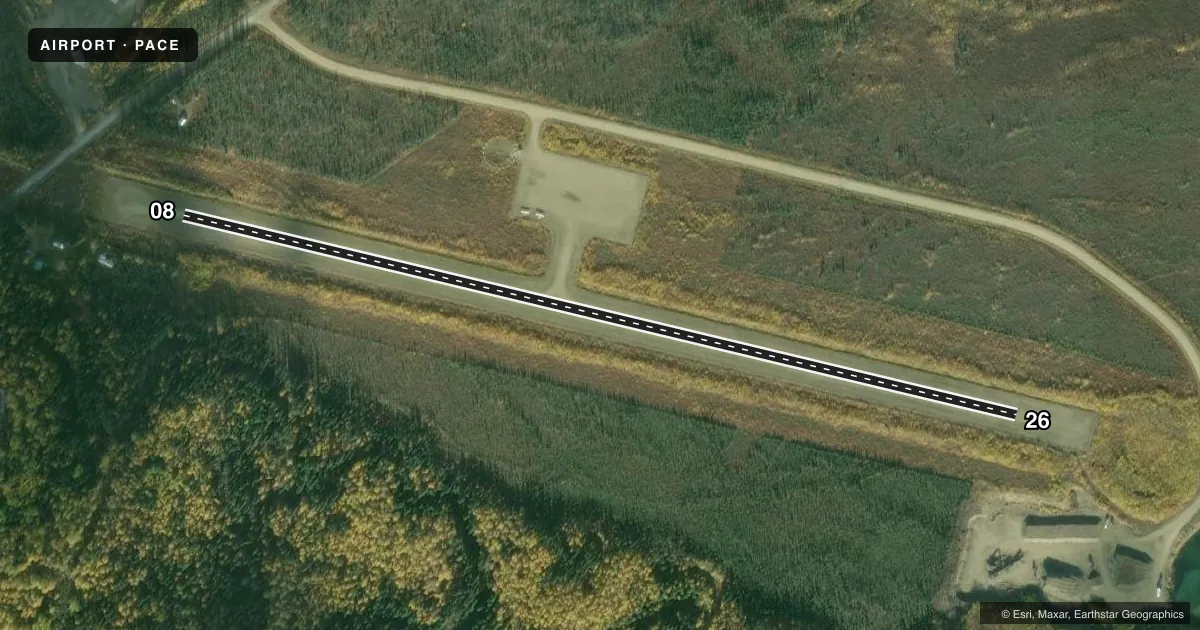 Top-down satellite sketch of PACE CENTRAL in CENTRAL, ALASKA, showing runways 08/26 drawn to scale over Esri World Imagery