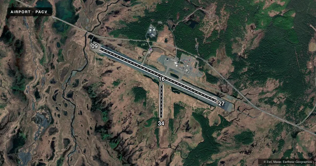 Top-down satellite sketch of PACV MERLE K (MUDHOLE) SMITH in CORDOVA, ALASKA, showing runways 09/27, 16/34 drawn to scale over Esri World Imagery