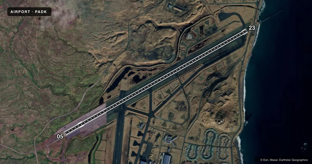 Top-down satellite sketch of PADK ADAK in ADAK ISLAND, ALASKA, showing runways 05/23 drawn to scale over Esri World Imagery