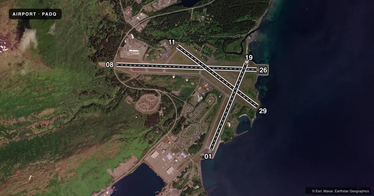 Top-down satellite sketch of PADQ KODIAK in KODIAK, ALASKA, showing runways 08/26, 11/29, 01/19 drawn to scale over Esri World Imagery