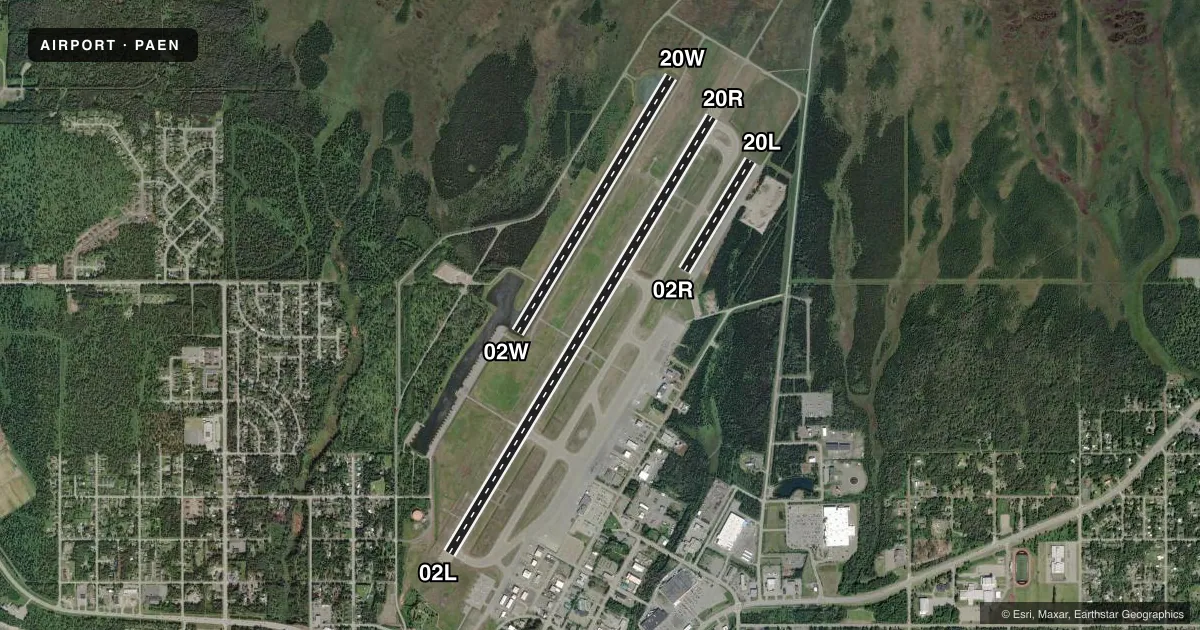 Top-down satellite sketch of PAEN KENAI MUNI in KENAI, ALASKA, showing runways 02L/20R, 02W/20W, 02R/20L drawn to scale over Esri World Imagery