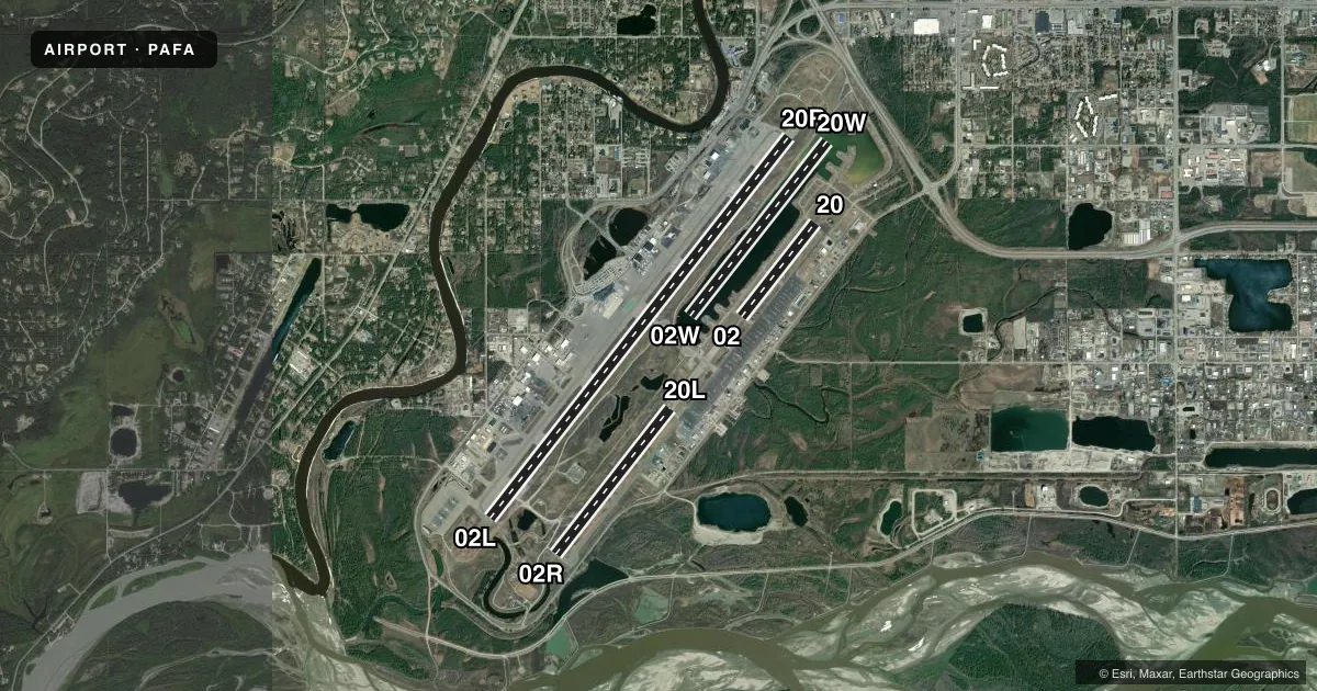 Top-down satellite sketch of PAFA FAIRBANKS INTL in FAIRBANKS, ALASKA, showing runways 02L/20R, 02W/20W, 02R/20L, 02/20 drawn to scale over Esri World Imagery