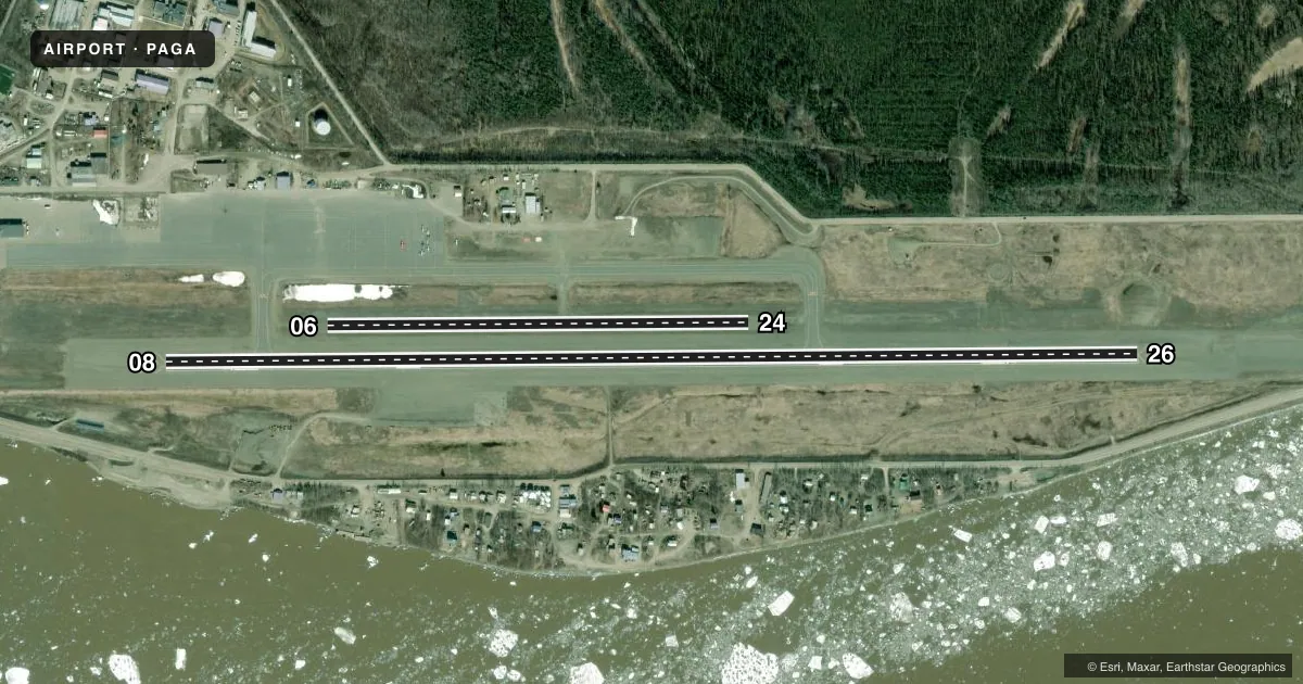 Top-down satellite sketch of PAGA EDWARD G PITKA SR in GALENA, ALASKA, showing runways 08/26, 06/24 drawn to scale over Esri World Imagery