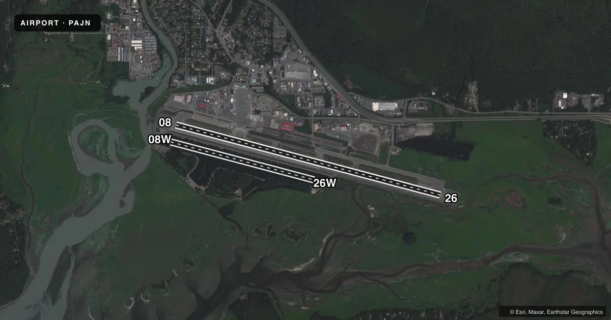 Top-down satellite sketch of PAJN JUNEAU INTL in JUNEAU, ALASKA, showing runways 08/26, 08W/26W drawn to scale over Esri World Imagery