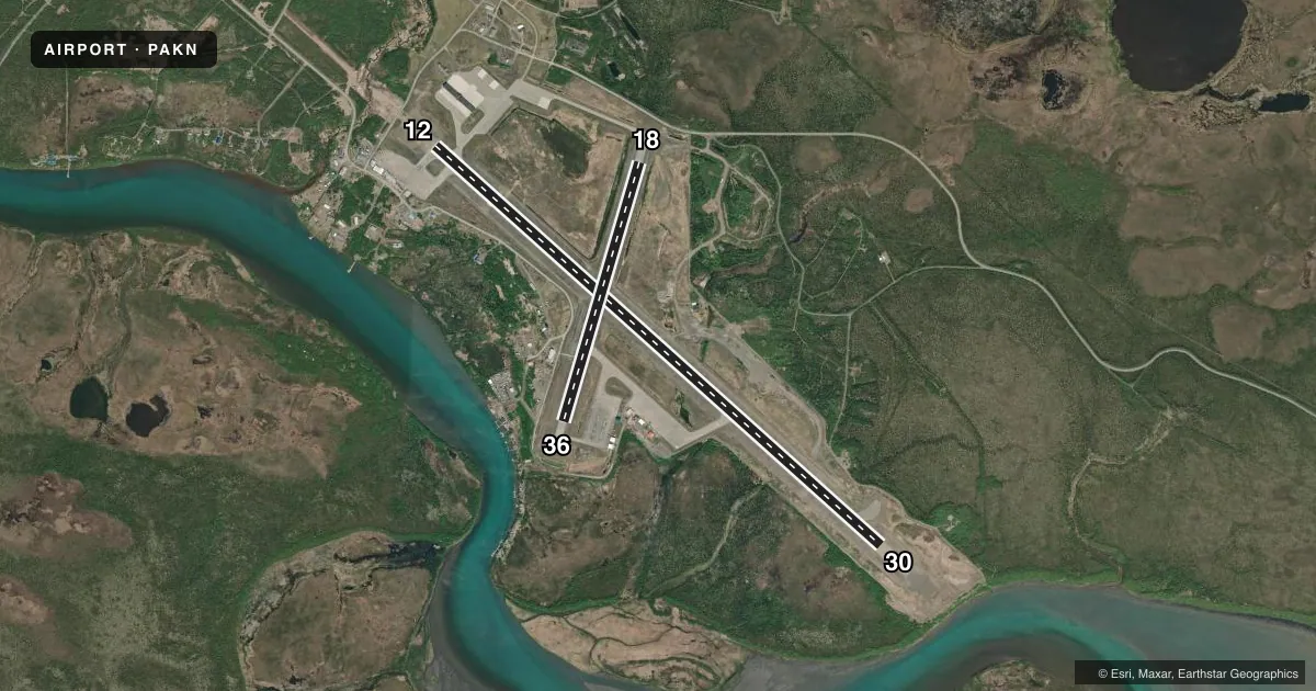 Top-down satellite sketch of PAKN KING SALMON in KING SALMON, ALASKA, showing runways 12/30, 18/36 drawn to scale over Esri World Imagery