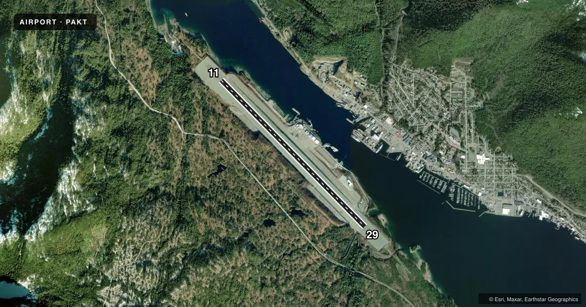 Top-down satellite sketch of PAKT KETCHIKAN INTL in KETCHIKAN, ALASKA, showing runways 11/29 drawn to scale over Esri World Imagery