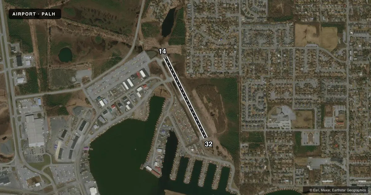 Top-down satellite sketch of PALH LAKE HOOD in ANCHORAGE, ALASKA, showing runways 14/32 drawn to scale over Esri World Imagery