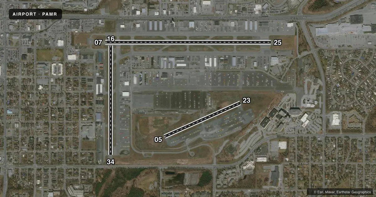 Top-down satellite sketch of PAMR MERRILL FLD in ANCHORAGE, ALASKA, showing runways 07/25, 16/34, 05/23 drawn to scale over Esri World Imagery