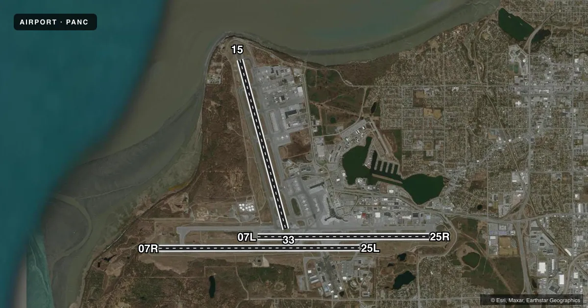 Top-down satellite sketch of PANC TED STEVENS ANCHORAGE INTL in ANCHORAGE, ALASKA, showing runways 07R/25L, 15/33, 07L/25R drawn to scale over Esri World Imagery