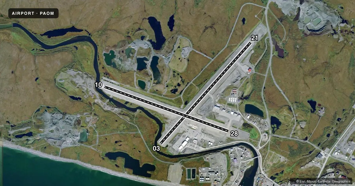 Top-down satellite sketch of PAOM NOME in NOME, ALASKA, showing runways 03/21, 10/28 drawn to scale over Esri World Imagery