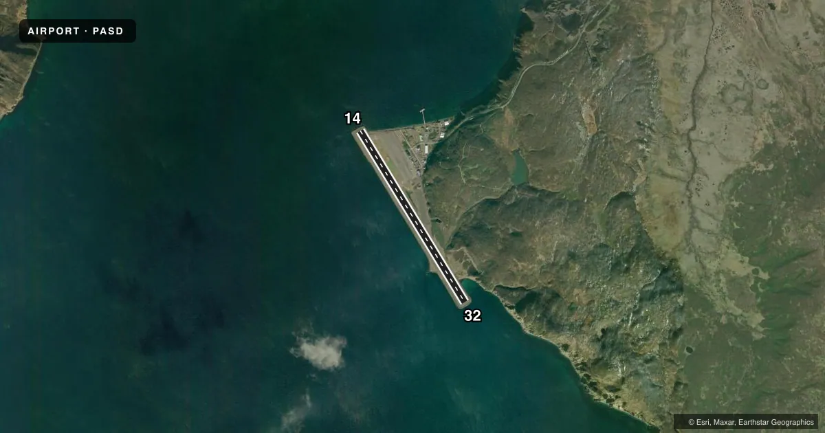 Top-down satellite sketch of PASD SAND POINT in SAND POINT, ALASKA, showing runways 14/32 drawn to scale over Esri World Imagery