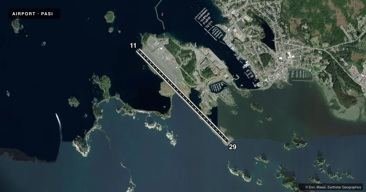 Top-down satellite sketch of PASI SITKA ROCKY GUTIERREZ in SITKA, ALASKA, showing runways 11/29 drawn to scale over Esri World Imagery