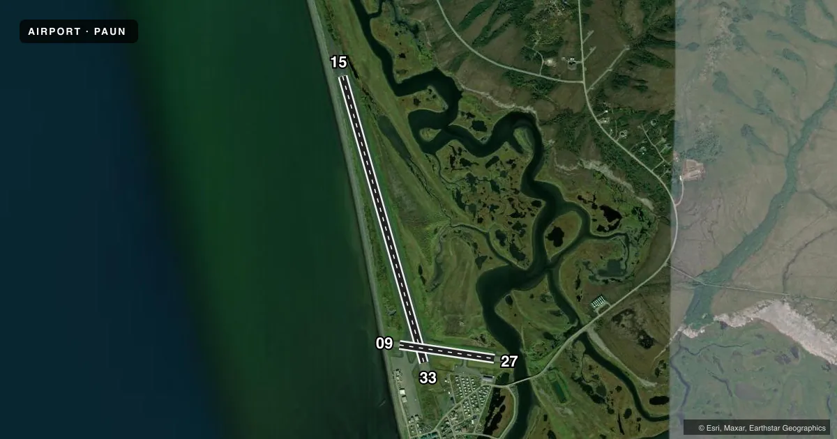 Top-down satellite sketch of PAUN UNALAKLEET in UNALAKLEET, ALASKA, showing runways 15/33, 09/27 drawn to scale over Esri World Imagery