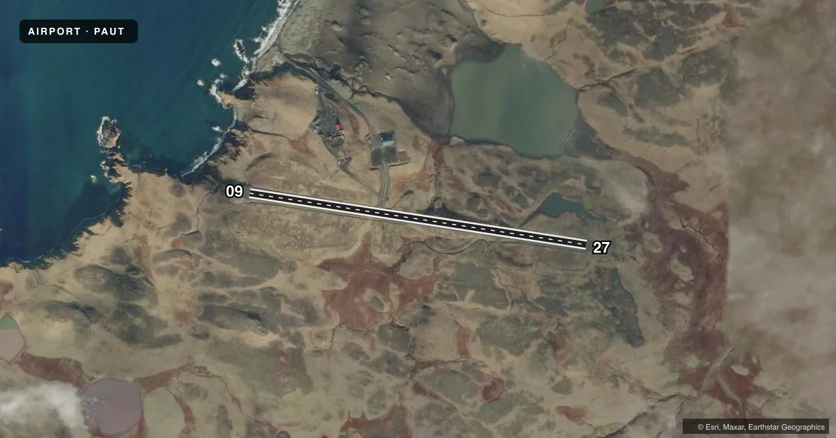 Top-down satellite sketch of PAUT AKUTAN in AKUTAN, ALASKA, showing runways 09/27 drawn to scale over Esri World Imagery