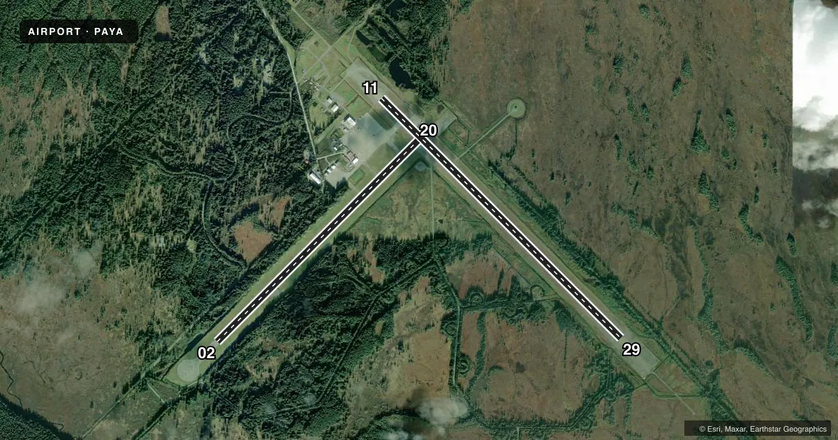 Top-down satellite sketch of PAYA YAKUTAT in YAKUTAT, ALASKA, showing runways 11/29, 02/20 drawn to scale over Esri World Imagery