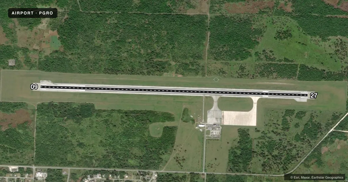 Top-down satellite sketch of PGRO BENJAMIN TAISACAN MANGLONA INTL in ROTA ISLAND, N MARIANA ISLANDS, showing runways 09/27 drawn to scale over Esri World Imagery