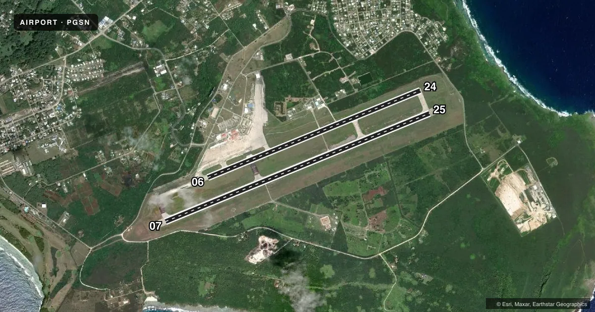 Top-down satellite sketch of PGSN FRANCISCO C ADA/SAIPAN INTL in SAIPAN ISLAND, N MARIANA ISLANDS, showing runways 07/25, 06/24 drawn to scale over Esri World Imagery