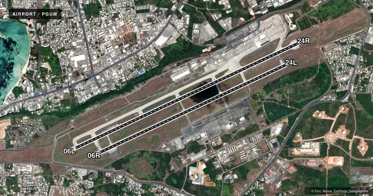 Top-down satellite sketch of PGUM GUAM INTL in TAMUNING, GUAM, showing runways 06L/24R, 06R/24L drawn to scale over Esri World Imagery