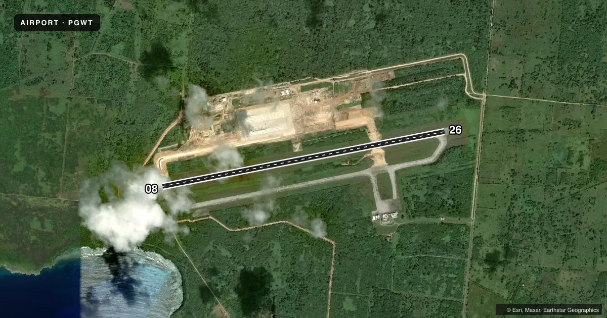 Top-down satellite sketch of PGWT FRANCISCO MANGLONA BORJA/TINIAN INTL in TINIAN ISLAND, N MARIANA ISLANDS, showing runways 08/26 drawn to scale over Esri World Imagery
