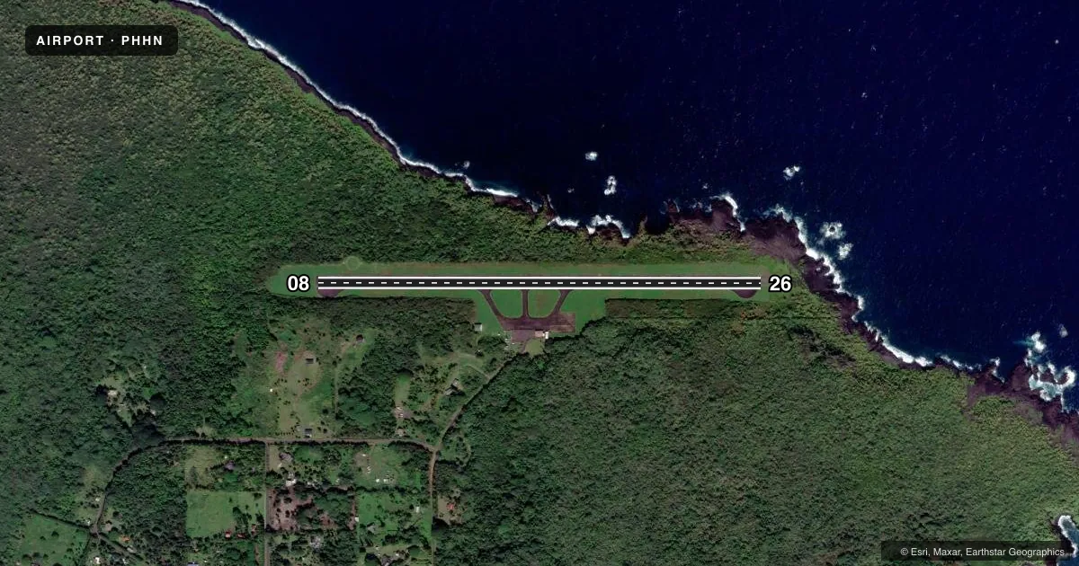 Top-down satellite sketch of PHHN HANA in HANA, HAWAII, showing runways 08/26 drawn to scale over Esri World Imagery