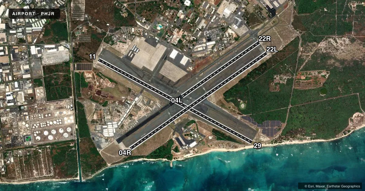 Top-down satellite sketch of PHJR KALAELOA (JOHN RODGERS FLD) in KAPOLEI, HAWAII, showing runways 11/29, 04R/22L, 04L/22R drawn to scale over Esri World Imagery