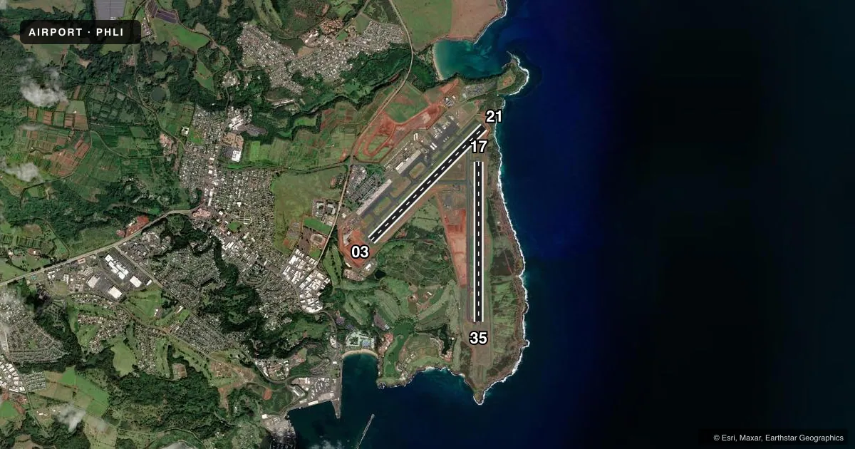 Top-down satellite sketch of PHLI LIHUE in LIHUE, HAWAII, showing runways 03/21, 17/35 drawn to scale over Esri World Imagery