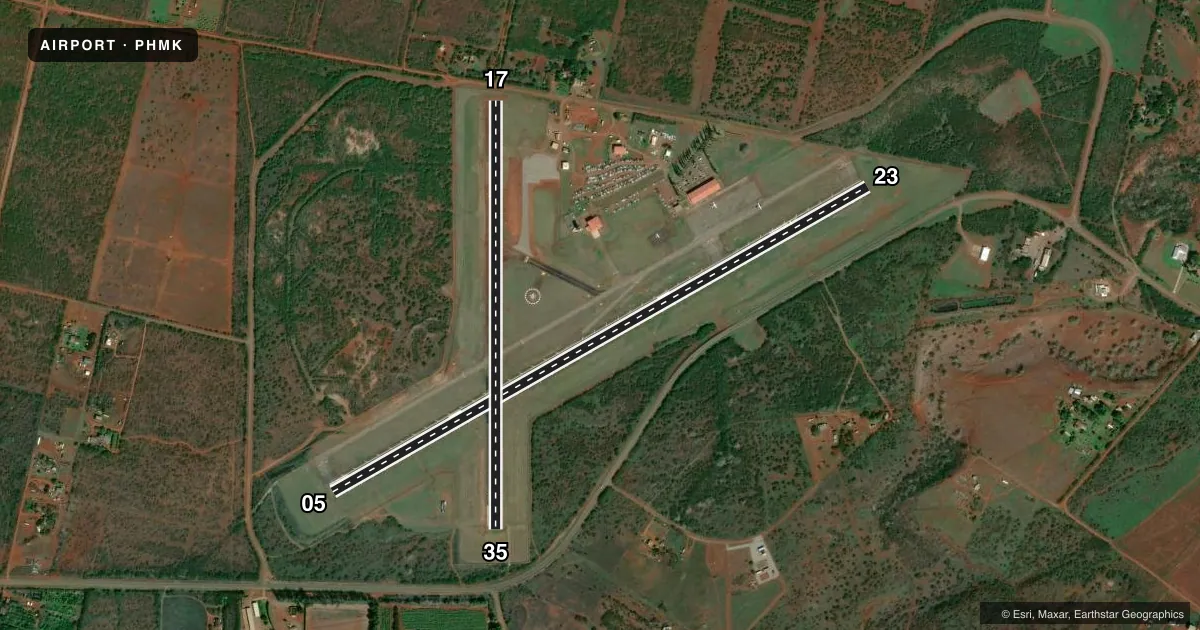 Top-down satellite sketch of PHMK MOLOKAI in KAUNAKAKAI, HAWAII, showing runways 05/23, 17/35 drawn to scale over Esri World Imagery
