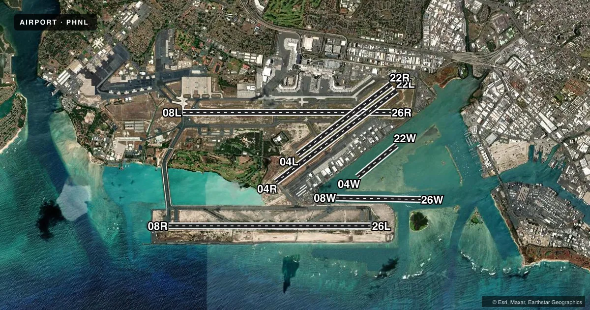 Top-down satellite sketch of PHNL DANIEL K INOUYE INTL in HONOLULU, HAWAII, showing runways 08L/26R, 08R/26L, 04R/22L, 04L/22R, 08W/26W, 04W/22W drawn to scale over Esri World Imagery